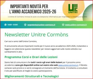 Newsletter - Importanti novità per l'Anno Accademico 2025-2026 - Unitre Cormòns